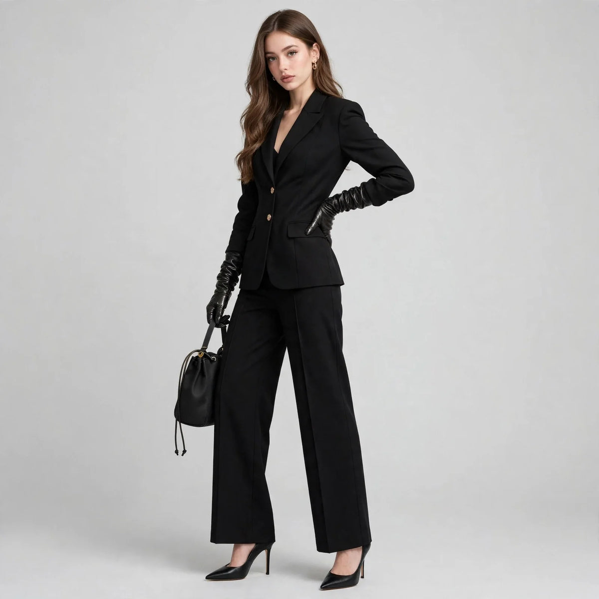 Woman standing with a hand on her hip in a black blazer and wide-leg trouser set, black gloves, black bag, gray background.