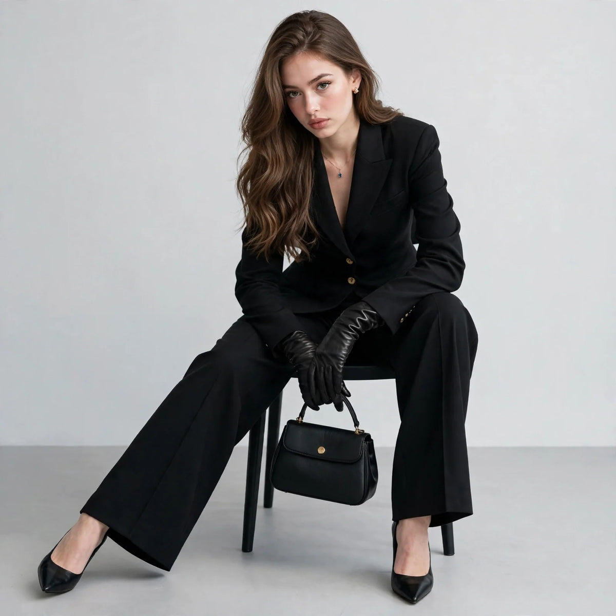 Woman seated on a chair in a black blazer and wide-leg trousers with black gloves and a black handbag with a gold clasp.
