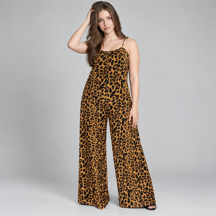 Full Size Leopard Scoop Neck Wide Leg Jumpsuit