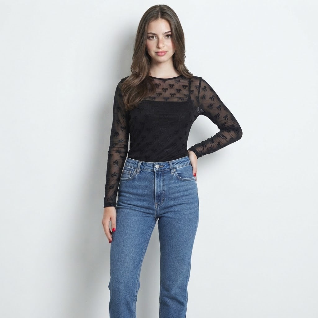 Bow Round Neck Long Sleeve Top – Full Length View | Celina Studio