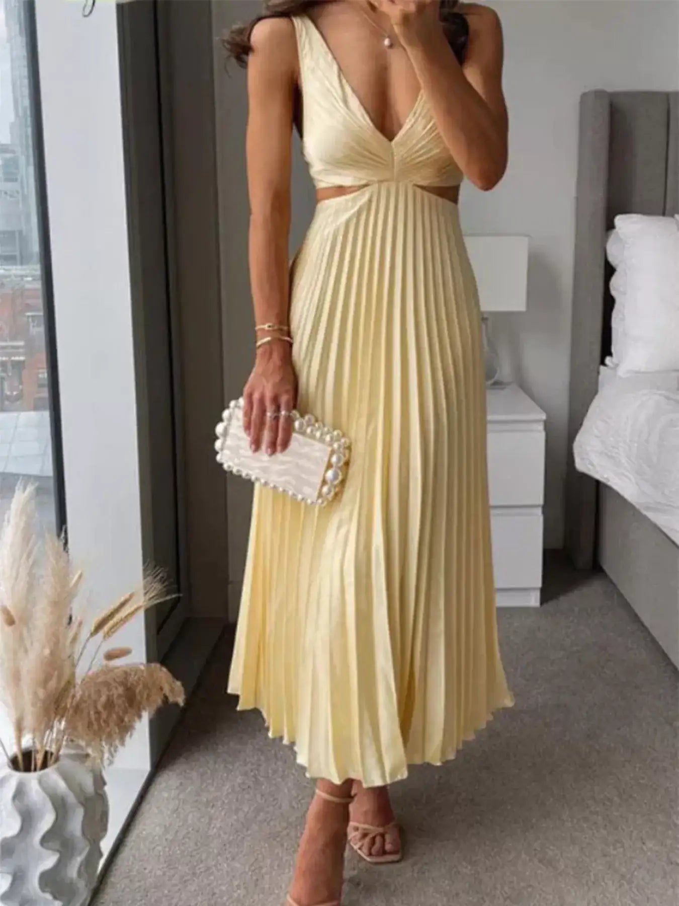 Pleated Midi Dress with Cut-out Details – Front View