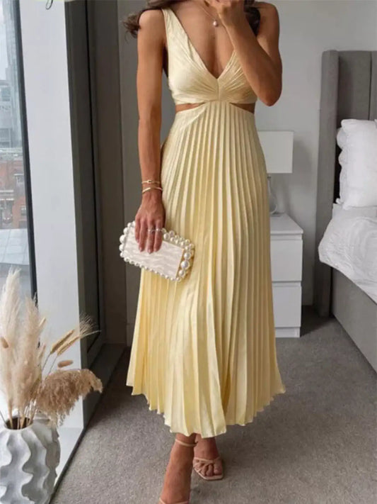 Pleated Midi Dress with Cut-out Details – Front View