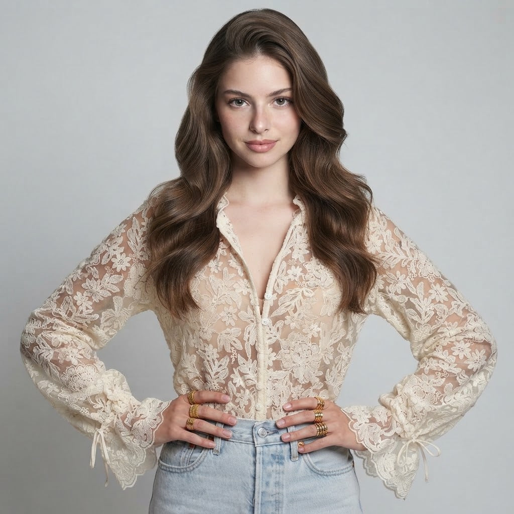 Lace Button Up Long Sleeve Shirt – Front View | Celina Studio
