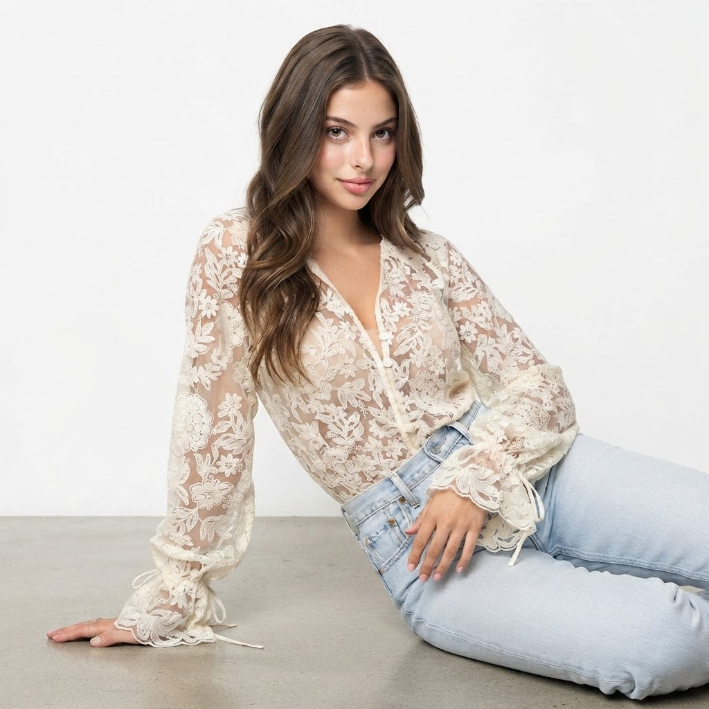 Lace Button Up Long Sleeve Shirt – Full Length View | Celina Studio