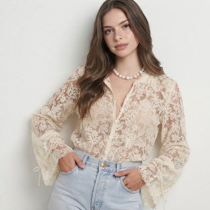 Lace Button Up Long Sleeve Shirt – Back View | Celina Studio