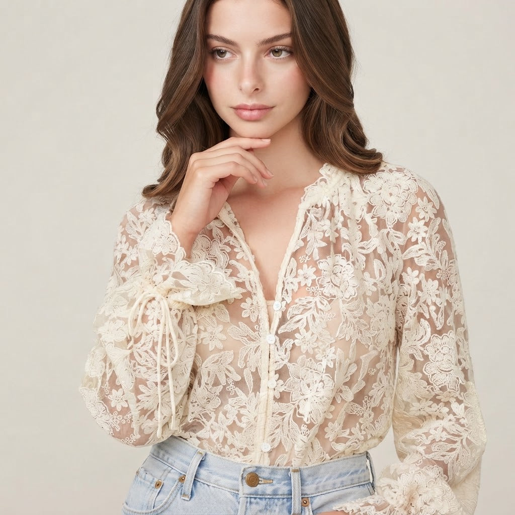 Lace Button Up Long Sleeve Shirt – Lace Detail Close-Up | Celina Studio