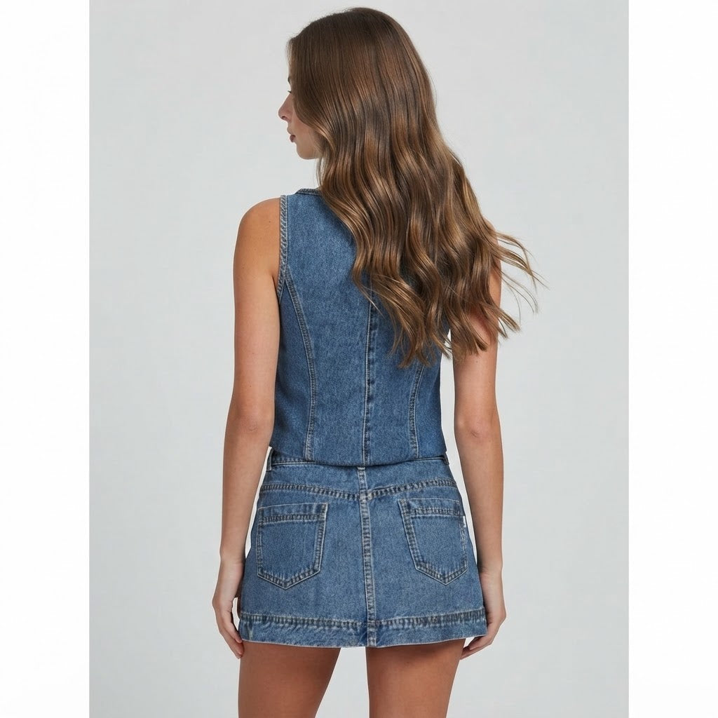 Tie-Front Tank and Skirt Denim Set – Full Length View
