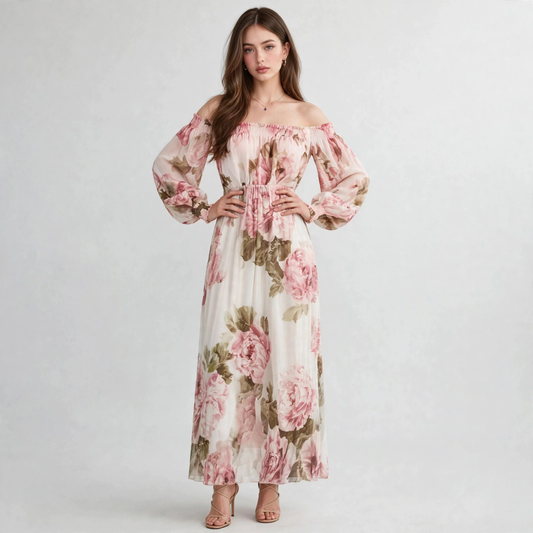 Woman hands on waist in white floral off-shoulder maxi dress, pink print, balloon sleeves, front view, grey backdrop.