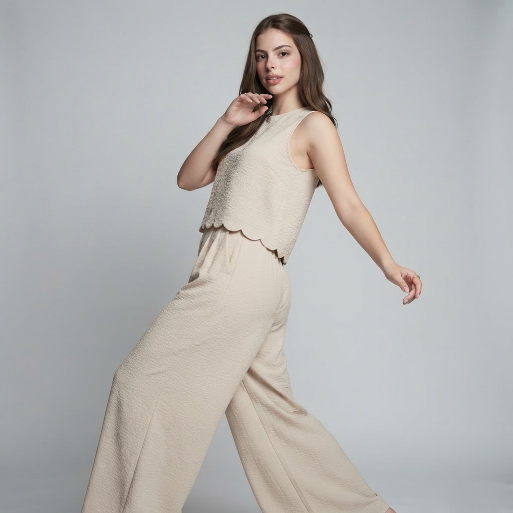 Woman walking in a beige sleeveless textured top with scalloped hem and matching wide-leg pants, gray studio background.