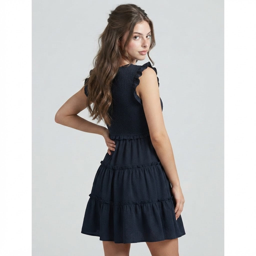 Ruffled V-Neck Cap Sleeve Dress – Back View | Celina Studio