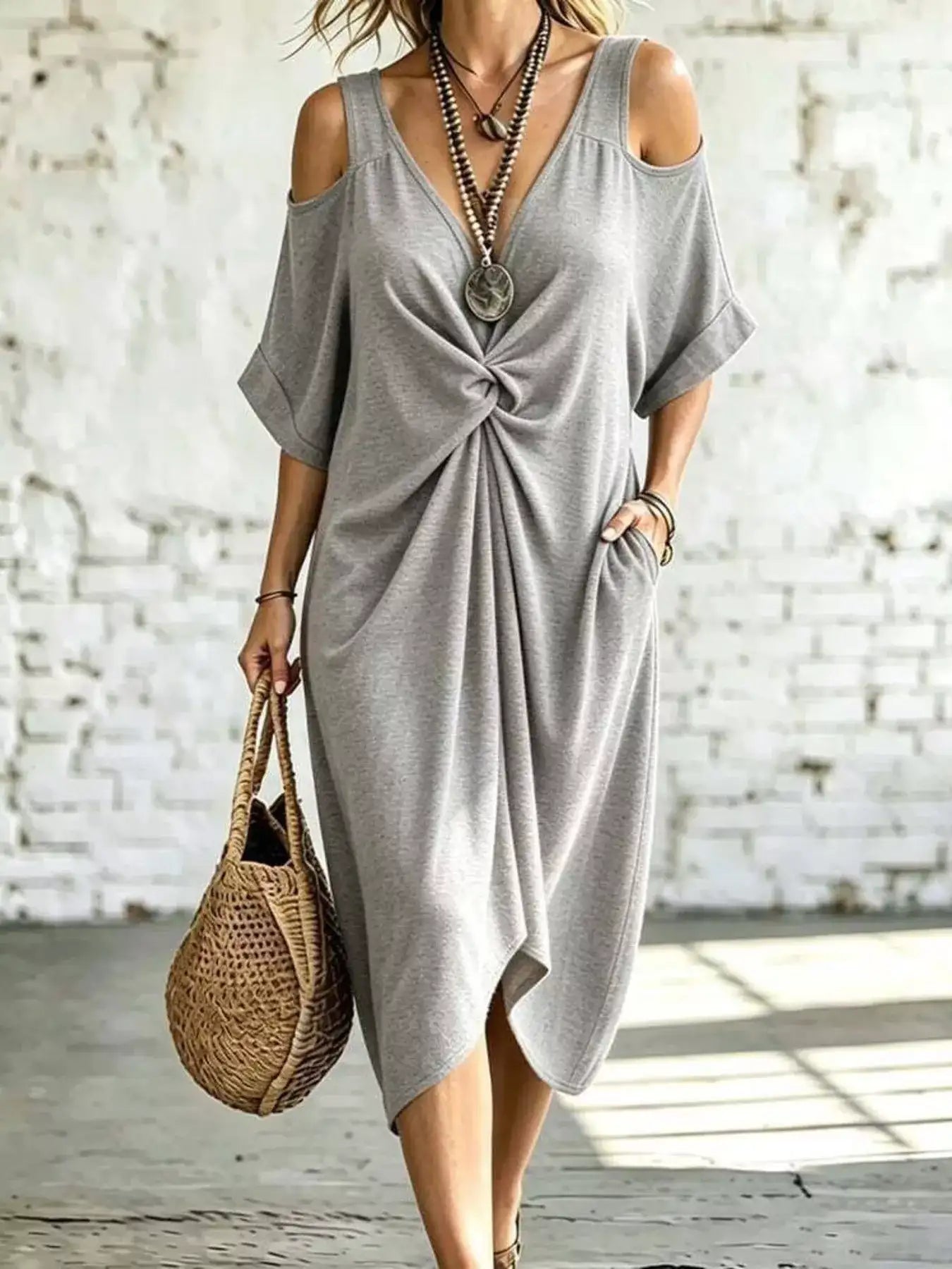 Cold Shoulder Twist Front Midi Dress – Detail View