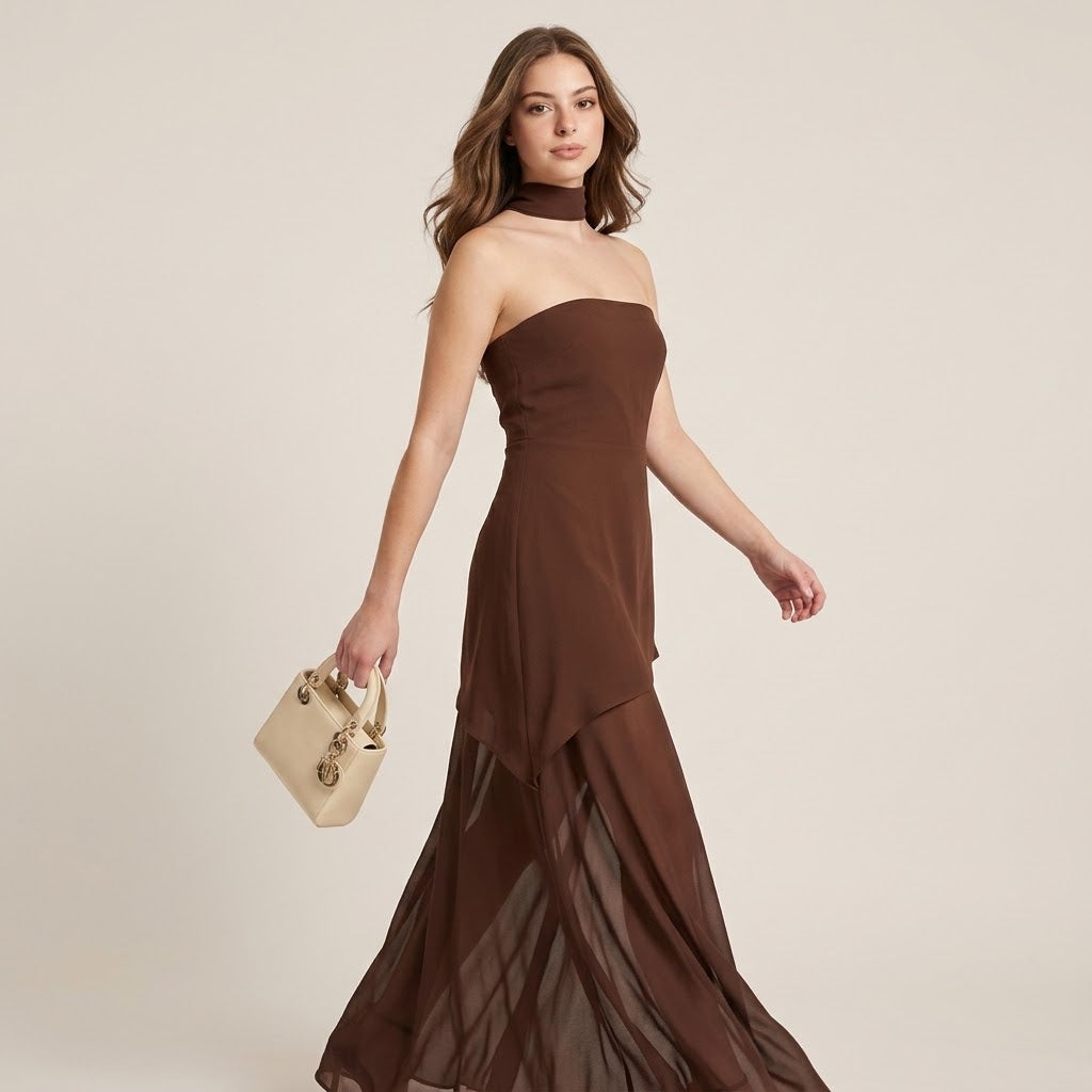 Layered Asymmetrical Tube Maxi Dress in Brown | Celina Studio