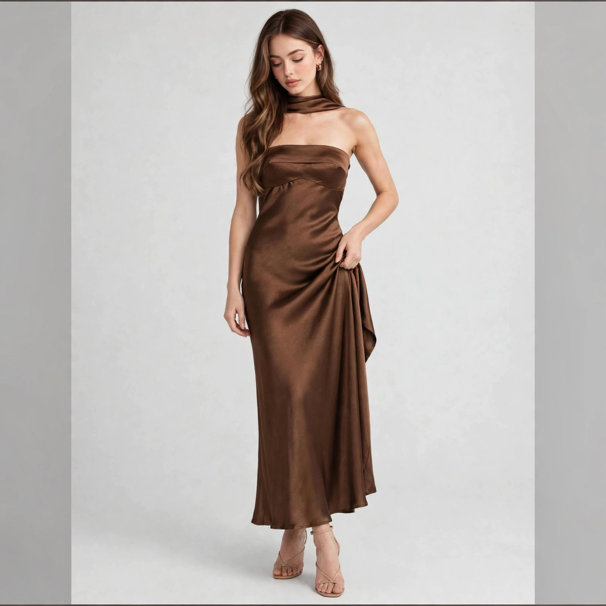 Front view of a brown satin strapless maxi dress with draped choker neckline, model standing, white studio backdrop.