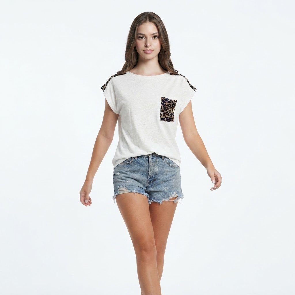Leopard Round Neck Cap Sleeve T-Shirt