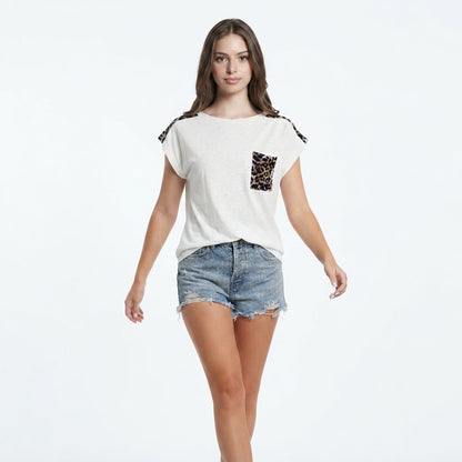 Leopard Round Neck Cap Sleeve T-Shirt