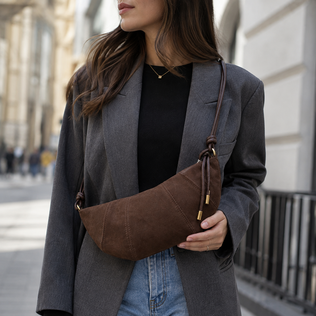 PU Leather Strap Suede Shoulder Bag – Front View | Celina Studio