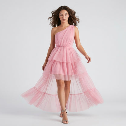 One-Shoulder High-Low Occasion Dress – Side View | Celina Studio