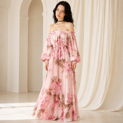 Floral Off-Shoulder Smocked Maxi Dress – Floral Print Detail | Celina Studio