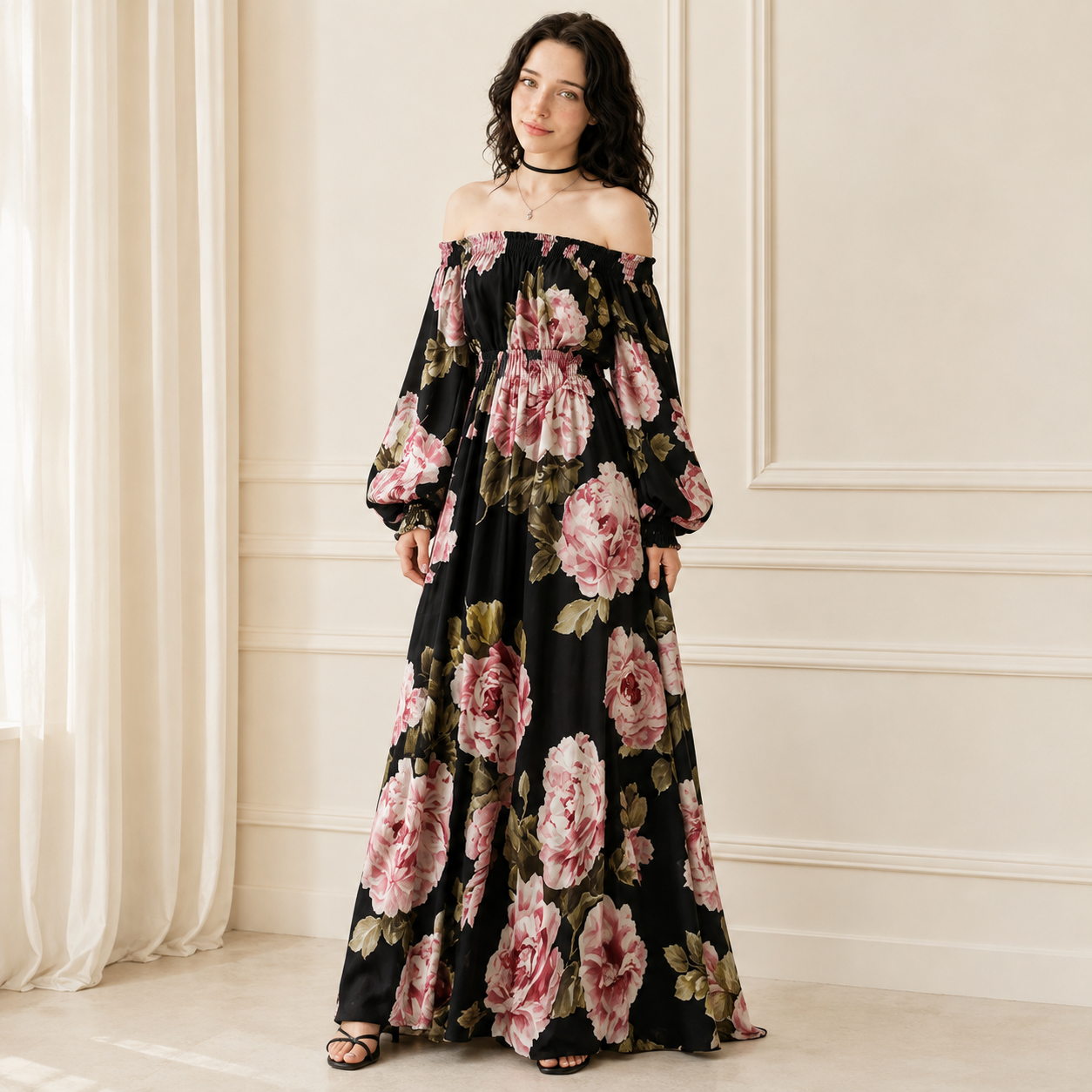 Floral Off-Shoulder Smocked Maxi Dress – Full Length View