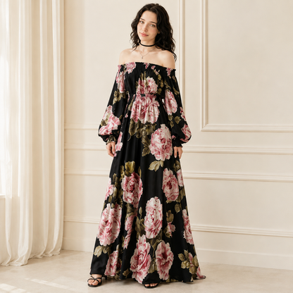 Floral Off-Shoulder Smocked Maxi Dress – Full Length View