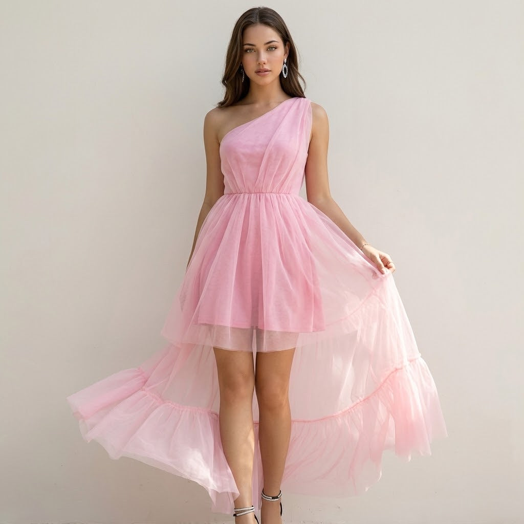 One-Shoulder High-Low Occasion Dress – Blush Pink Full Length View | Celina Studio