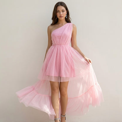 One-Shoulder High-Low Occasion Dress – Blush Pink Full Length View | Celina Studio