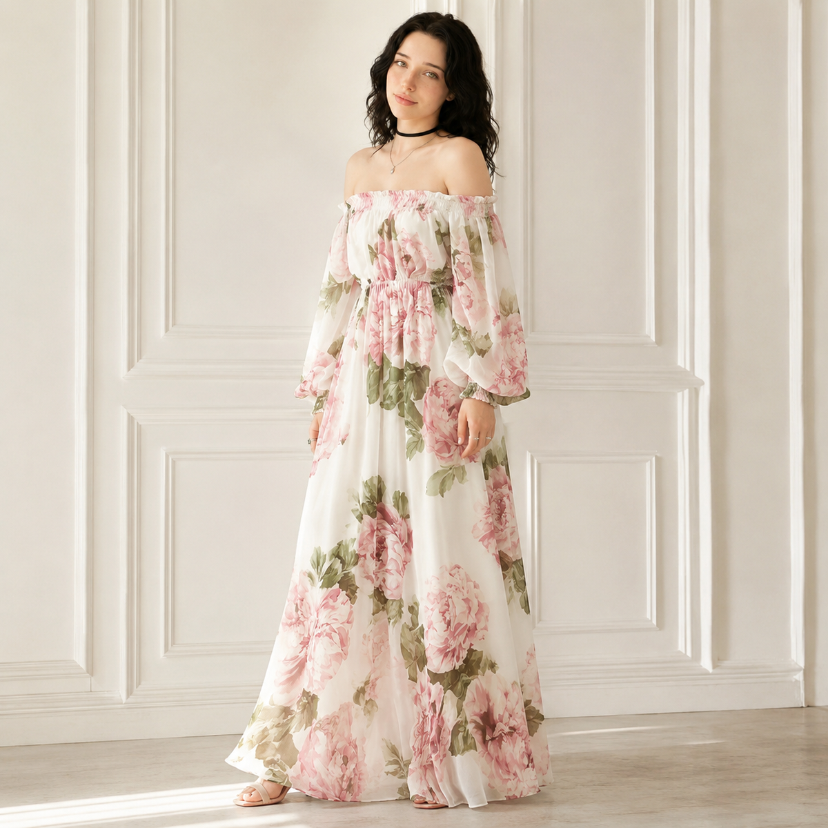 Floral Off-Shoulder Smocked Maxi Dress – Front View | Celina Studio