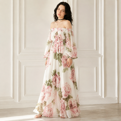 Floral Off-Shoulder Smocked Maxi Dress – Front View | Celina Studio