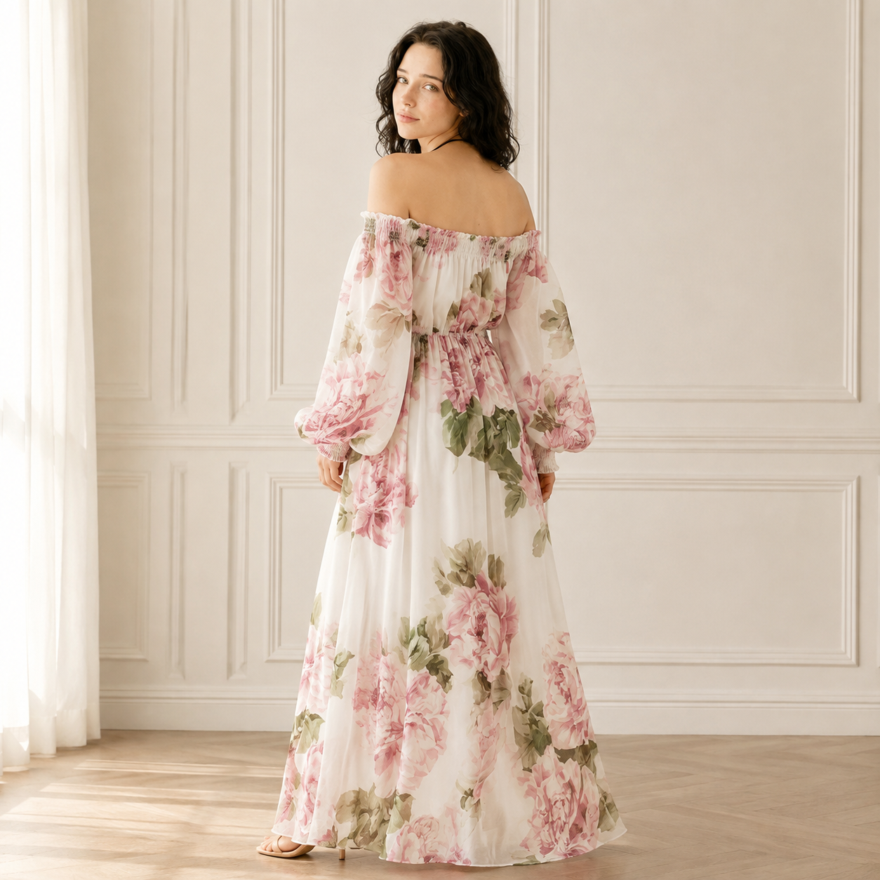Floral Off-Shoulder Smocked Maxi Dress – Back View | Celina Studio