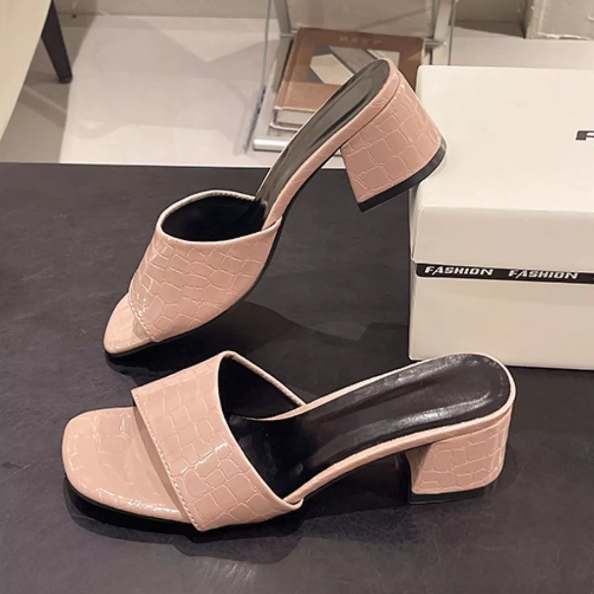 White Open-Toe Mid-Heel Block Sandals – Block Heel Detail | Celina Studio
