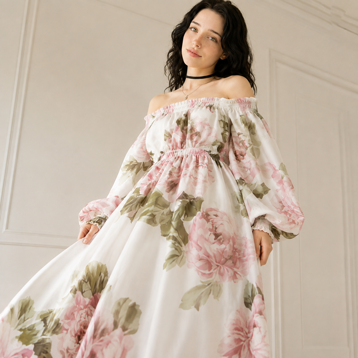 Floral Off-Shoulder Smocked Maxi Dress – Side View | Celina Studio