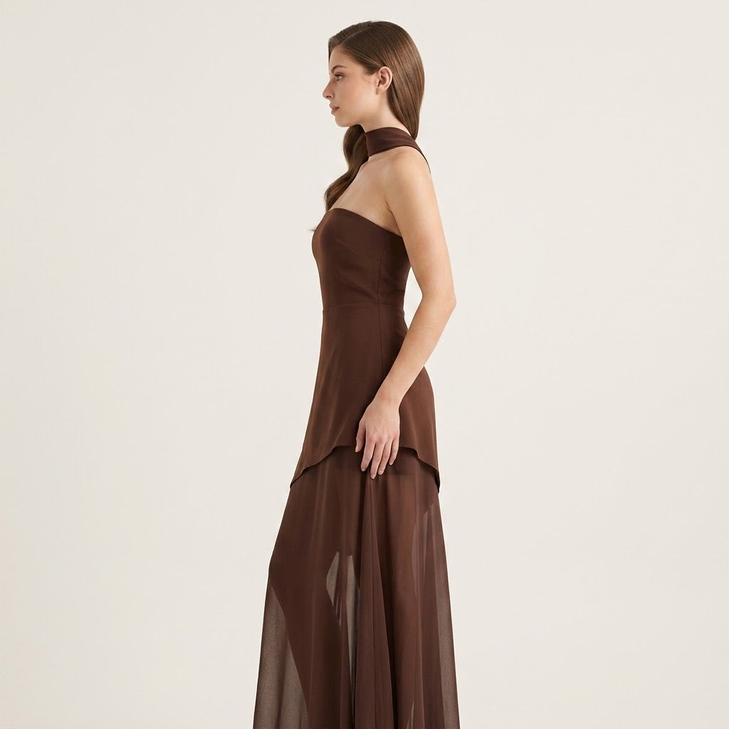 Layered Asymmetrical Tube Maxi Dress in Wine Red | Celina Studio