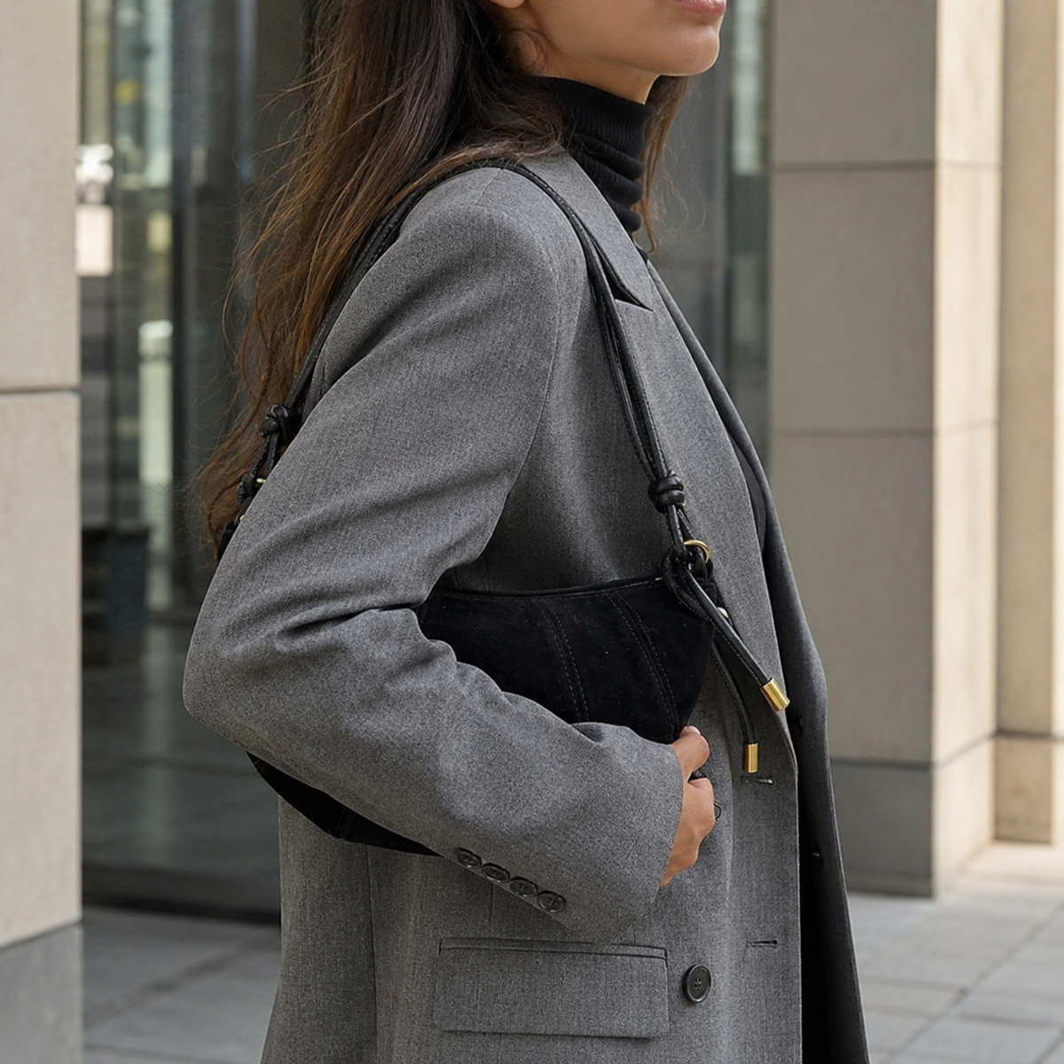 PU Leather Strap Suede Shoulder Bag – Side View | Celina Studio