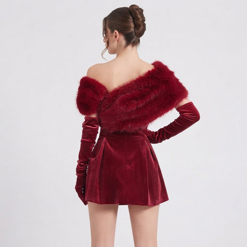 Back view of burgundy fuzzy off-shoulder mini dress with long sleeves, faux-fur draped neckline and fitted velvet skirt.