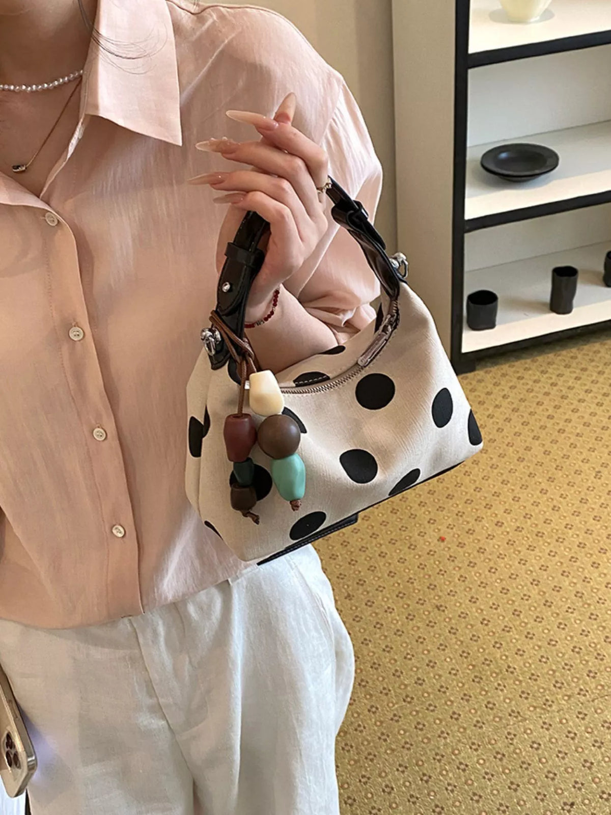 White Polka-Dot PU Leather Handbag – Side View | Celina Studio