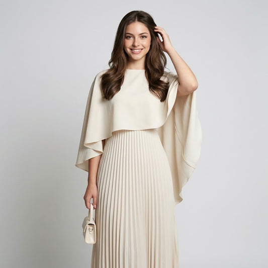 Pleated Cape Maxi Dress in Creamy White