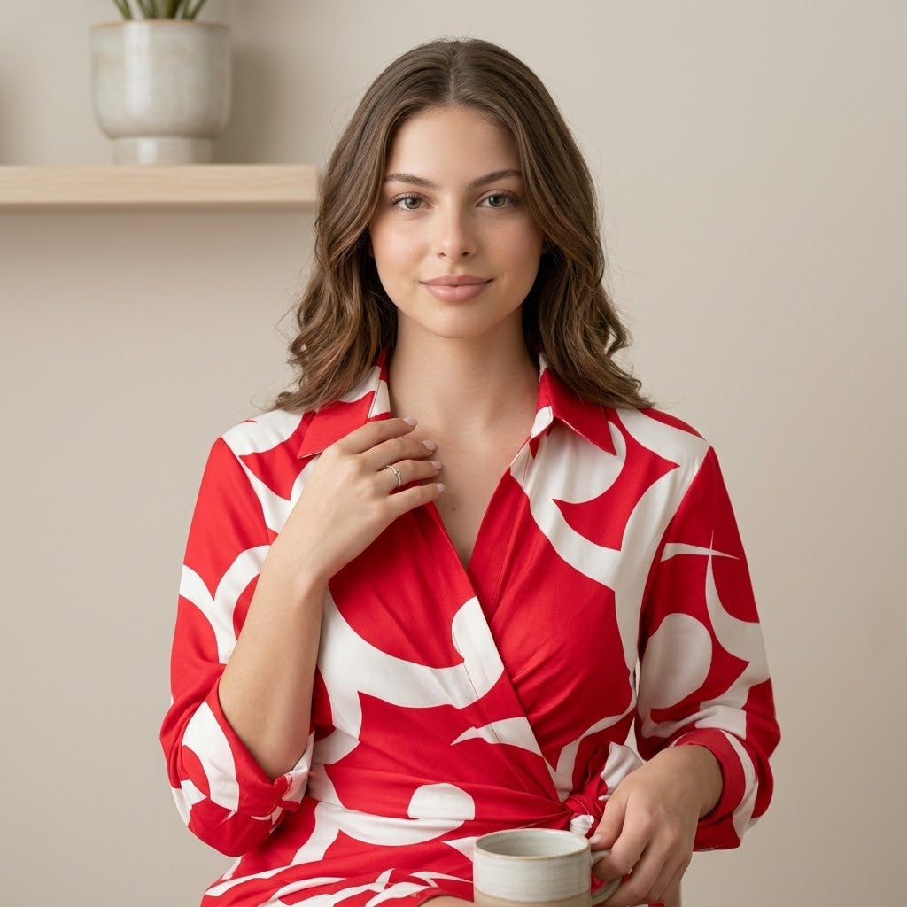 Printed Collared Shirt Dress in Red | Celina Studio