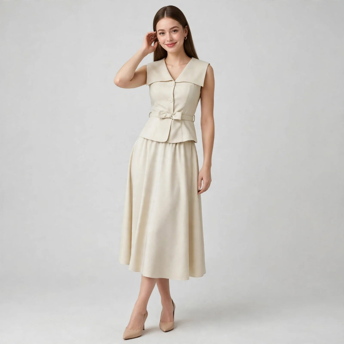 Model in a cream sleeveless collared top with tie belt and matching midi skirt, hand in hair, gray background.