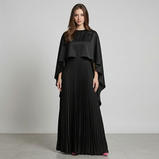 Pleated Cape Maxi Dress in Creamy White