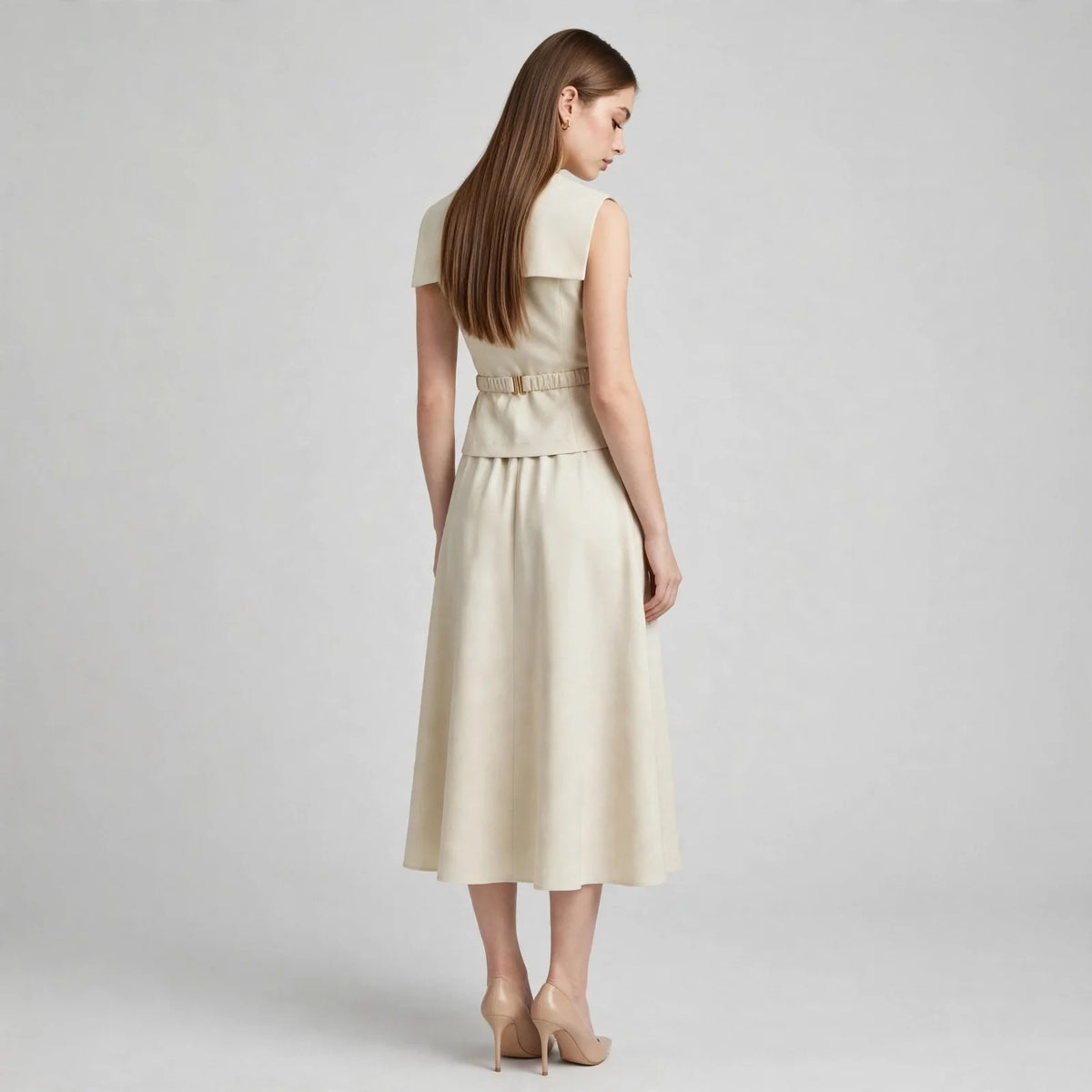 Back view of a model in a cream sleeveless top with tie belt and matching midi skirt, nude heels, gray studio background.