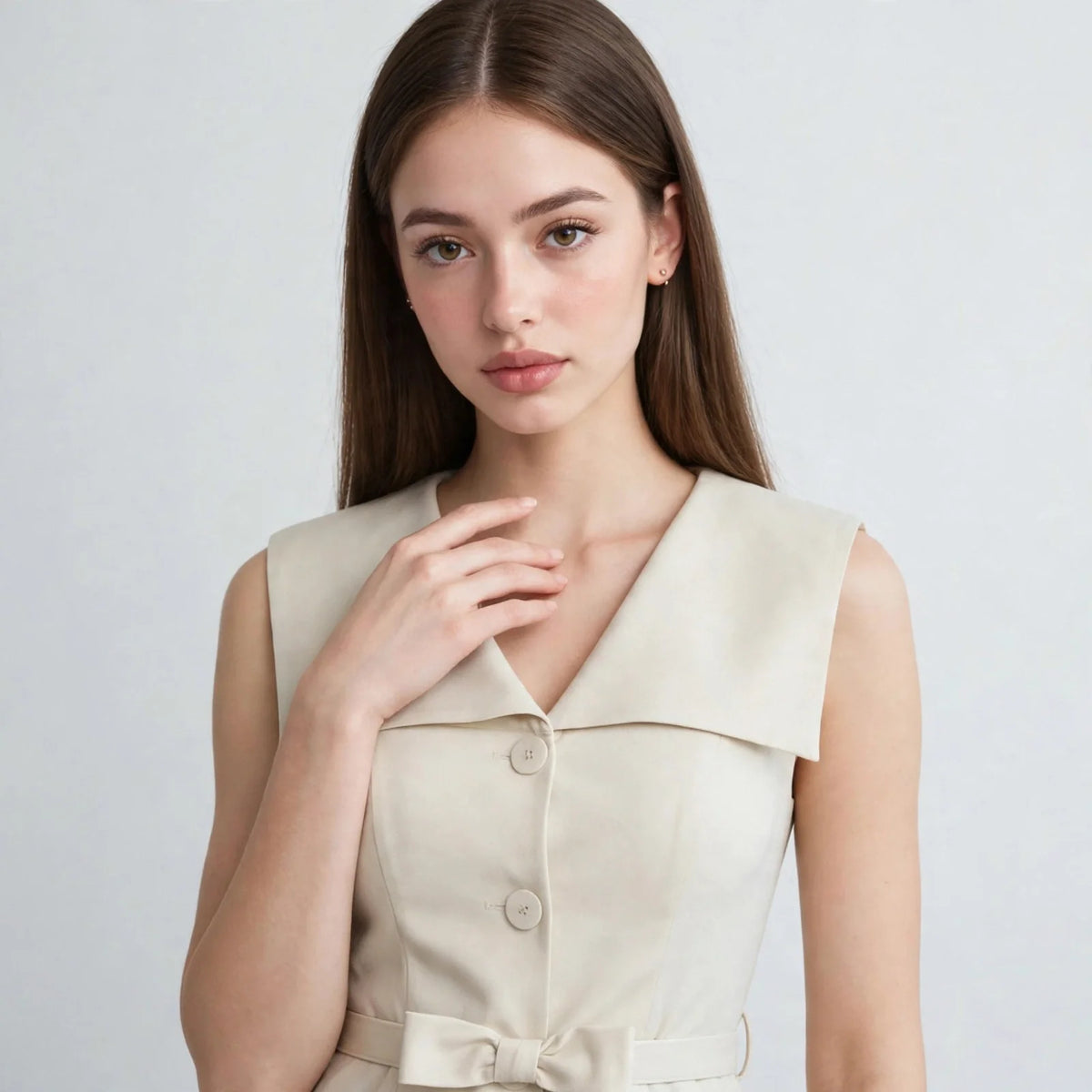 Close-up of a cream sleeveless vest top with wide collar, buttons, and tie belt on a model, light gray studio background.