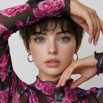 Floral Mock Neck Long Sleeve Top