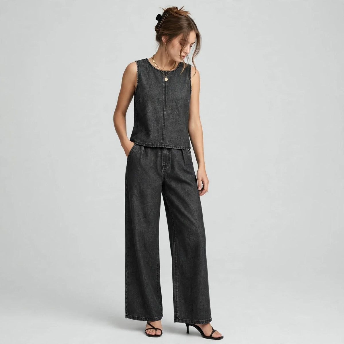 Dark Blue Denim tank and pants set on model, alternate angle