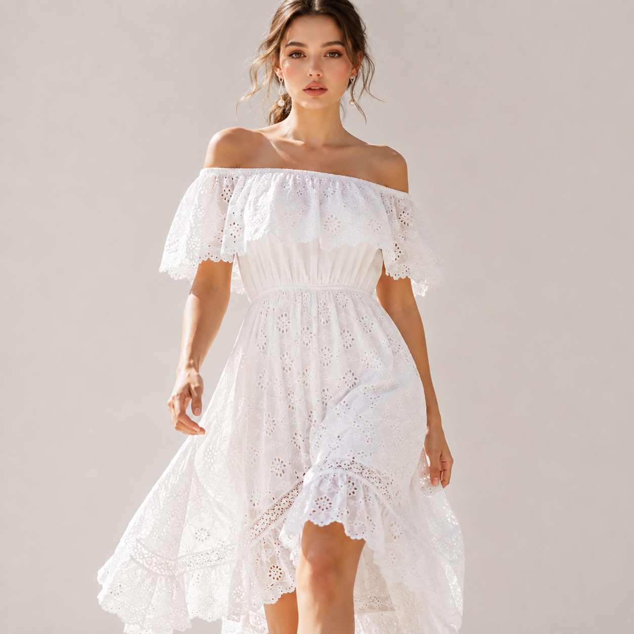 Off Shoulder Eyelet Lace Maxi Dress – Side View | Celina Studio