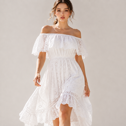 Off Shoulder Eyelet Lace Maxi Dress – Side View | Celina Studio