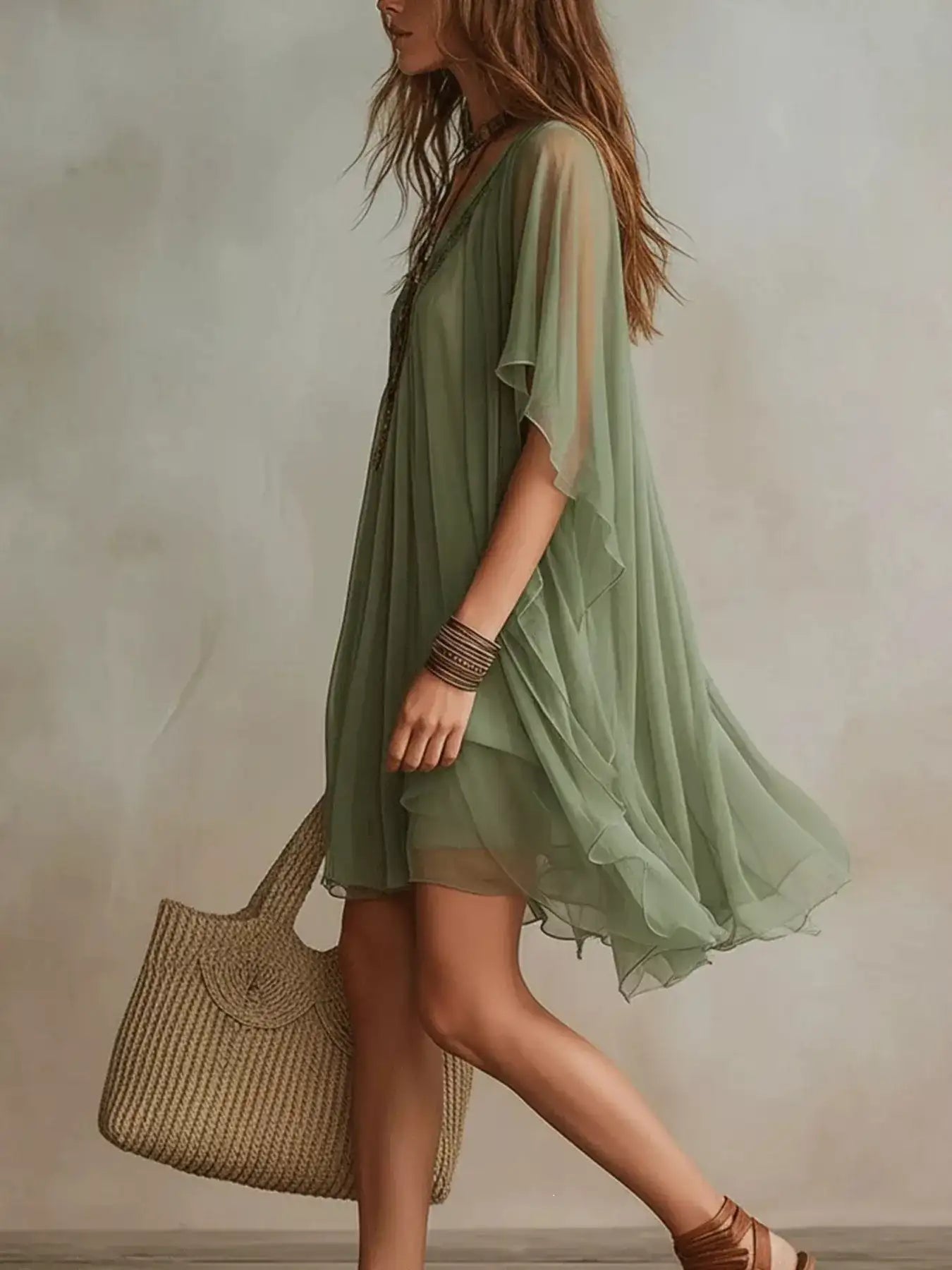 Chiffon V-Neck Mini Dress – Lace Detail