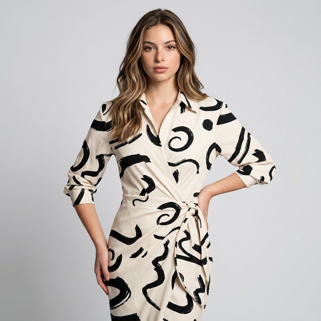 Printed Collared Shirt Dress in White | Celina Studio