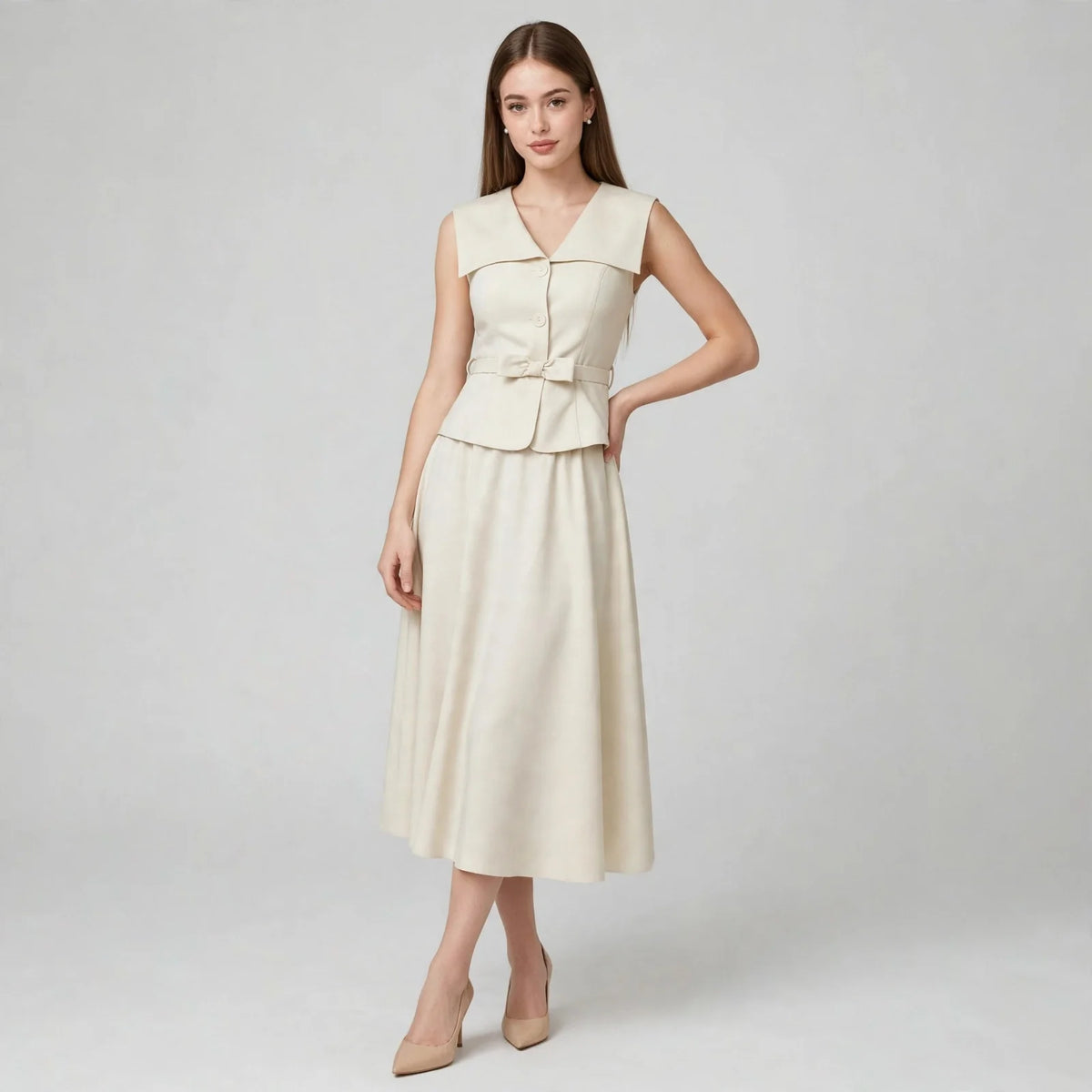 Model in a cream sleeveless collared top with peplum waist and matching midi skirt with nude heels, gray studio background.
