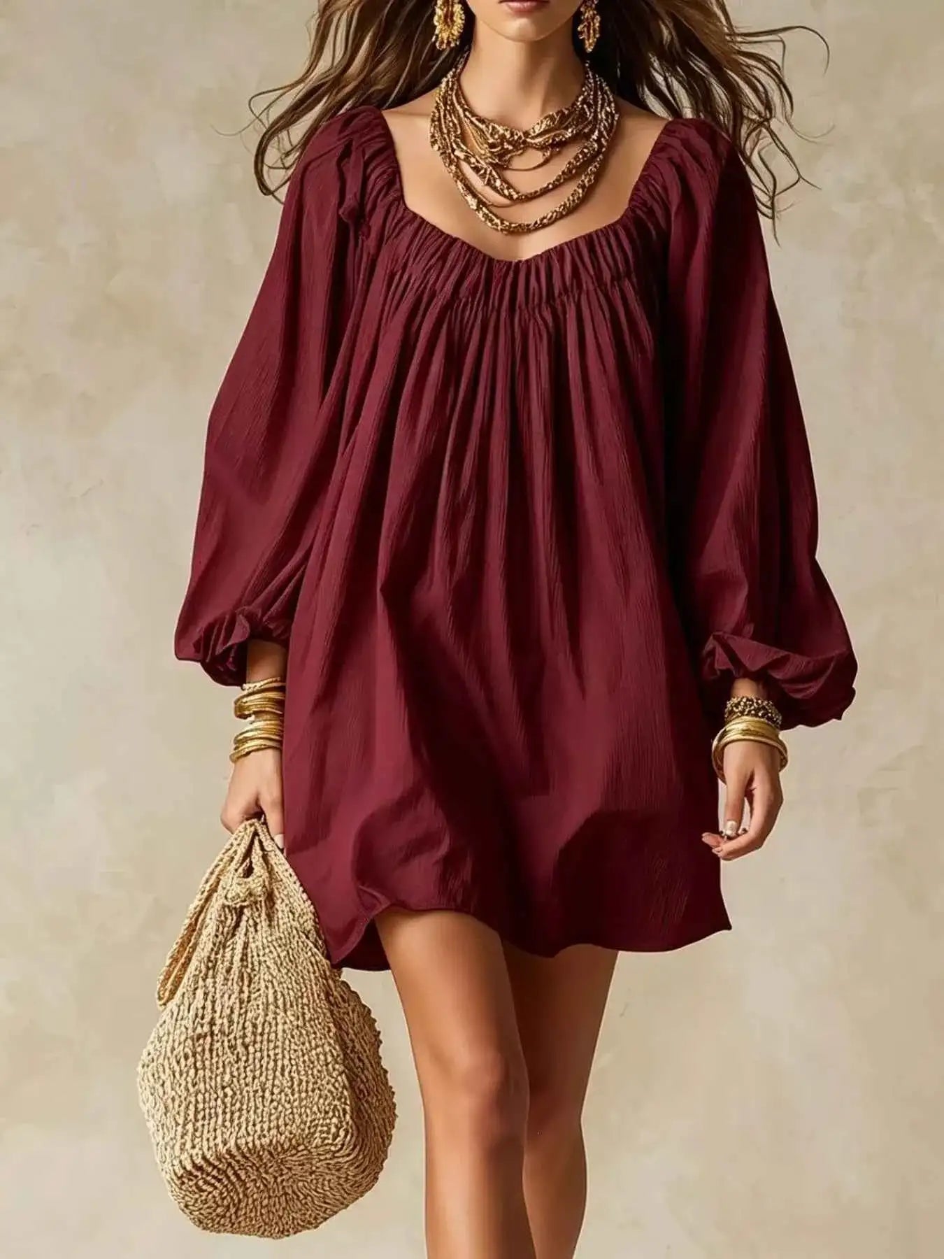 Flowy Balloon Sleeve Mini Dress