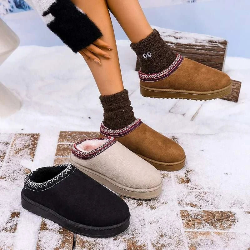 2026 Winter Women Snow Boots Cashmere Warm Thick Soles Without Heel-covered Hair Half Slipper Cotton Shoes Cashmere Warm Boots - Celina Studio
